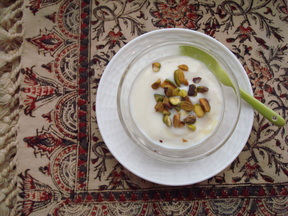 White-chocolate Mahlabi with Pistachio Cardamom Saffron & Orange-flower Water