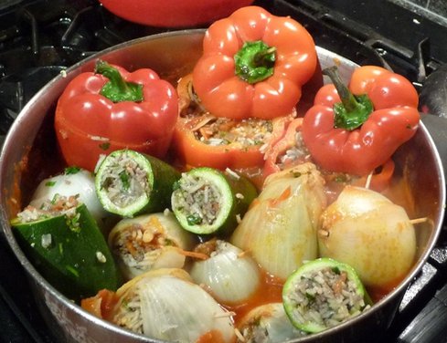 Rice and Ground Beef Stuffed Bell Peppers and Onions 
