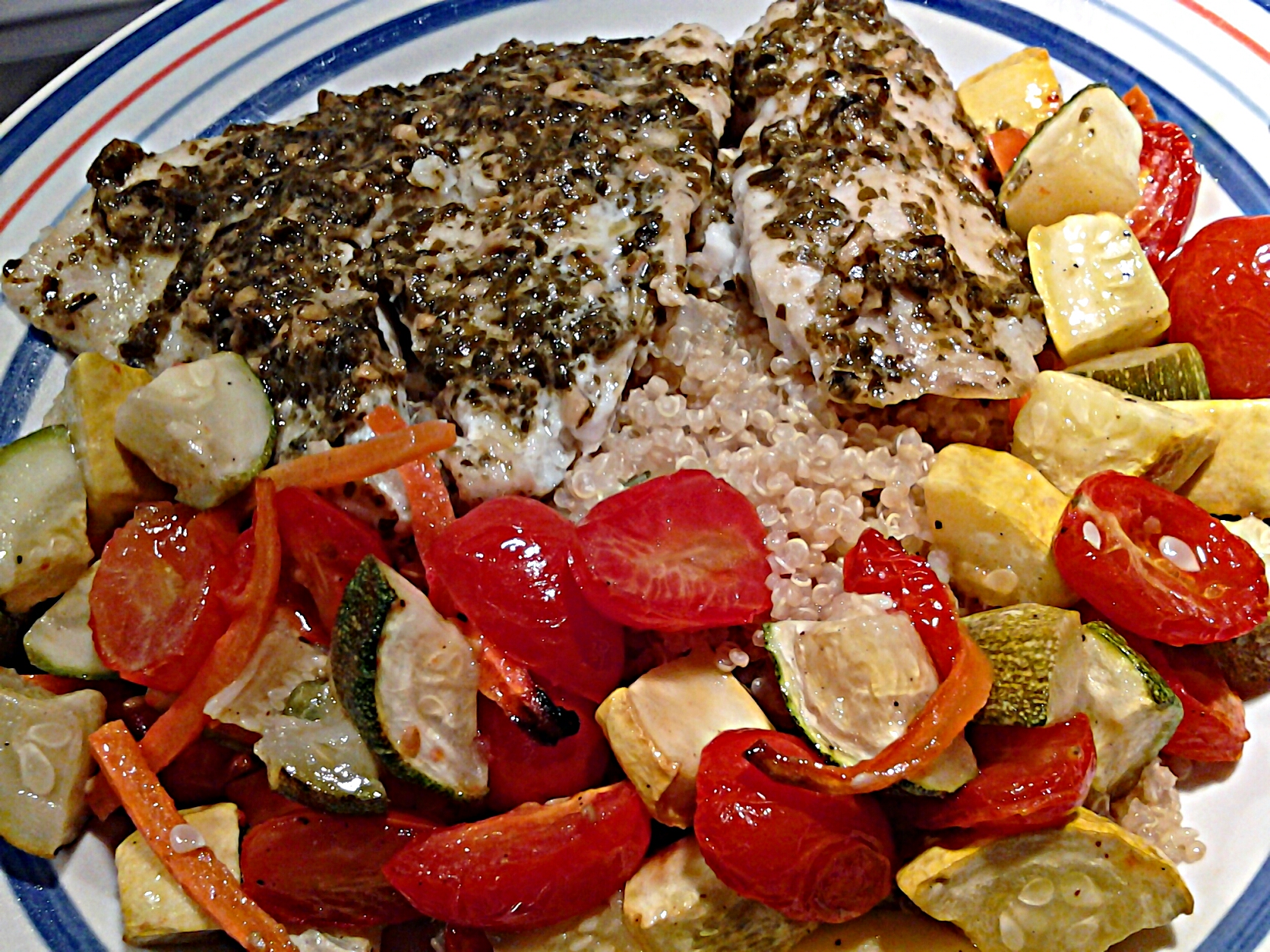 Pesto-topped Sole with Roasted Vegetables & Quinoa