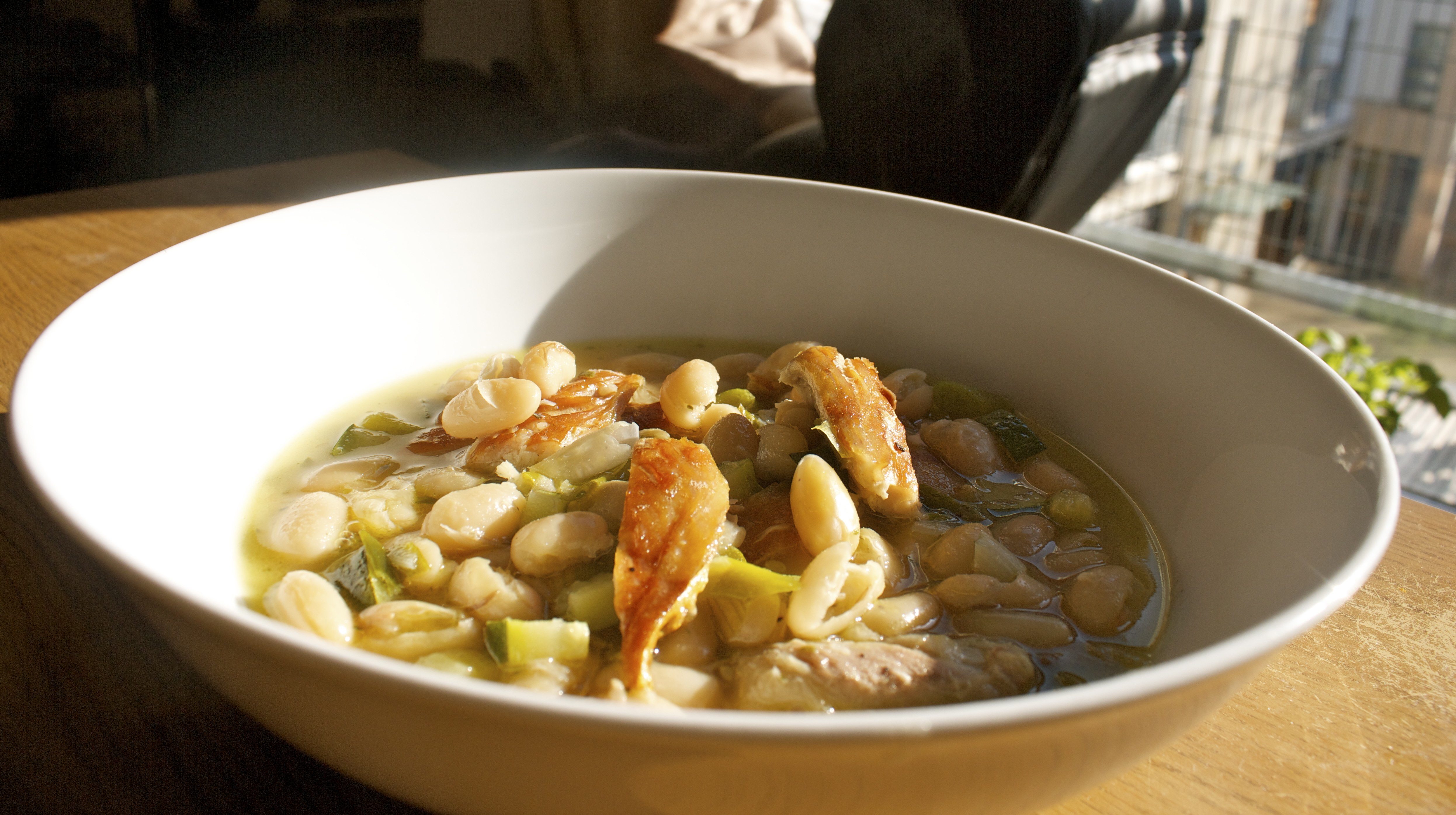 Tarragon, bean and smoky mackerel quick soup