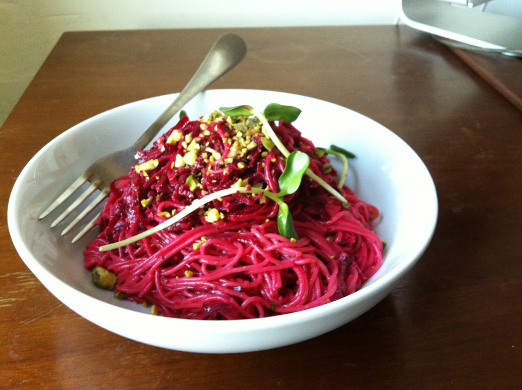 Beet Capellini with Pistachios