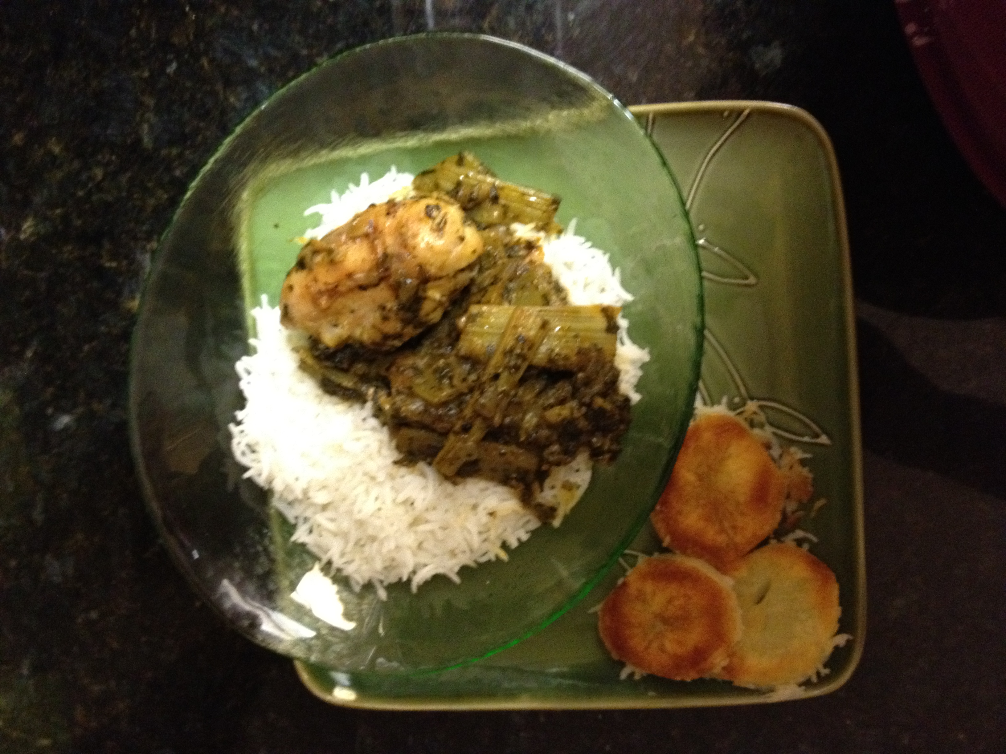 Iranian / Persian Herbed Celery Chicken with Crispy Potato-Crusted Rice