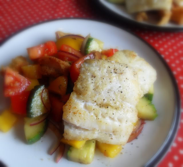 Crispy fish with gazpacho salad
