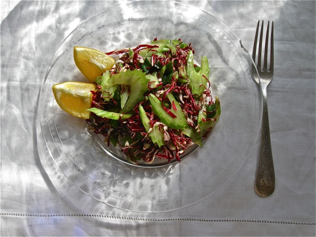 Celery-Radicchio Slaw with Celery Leaf Pesto Dressing