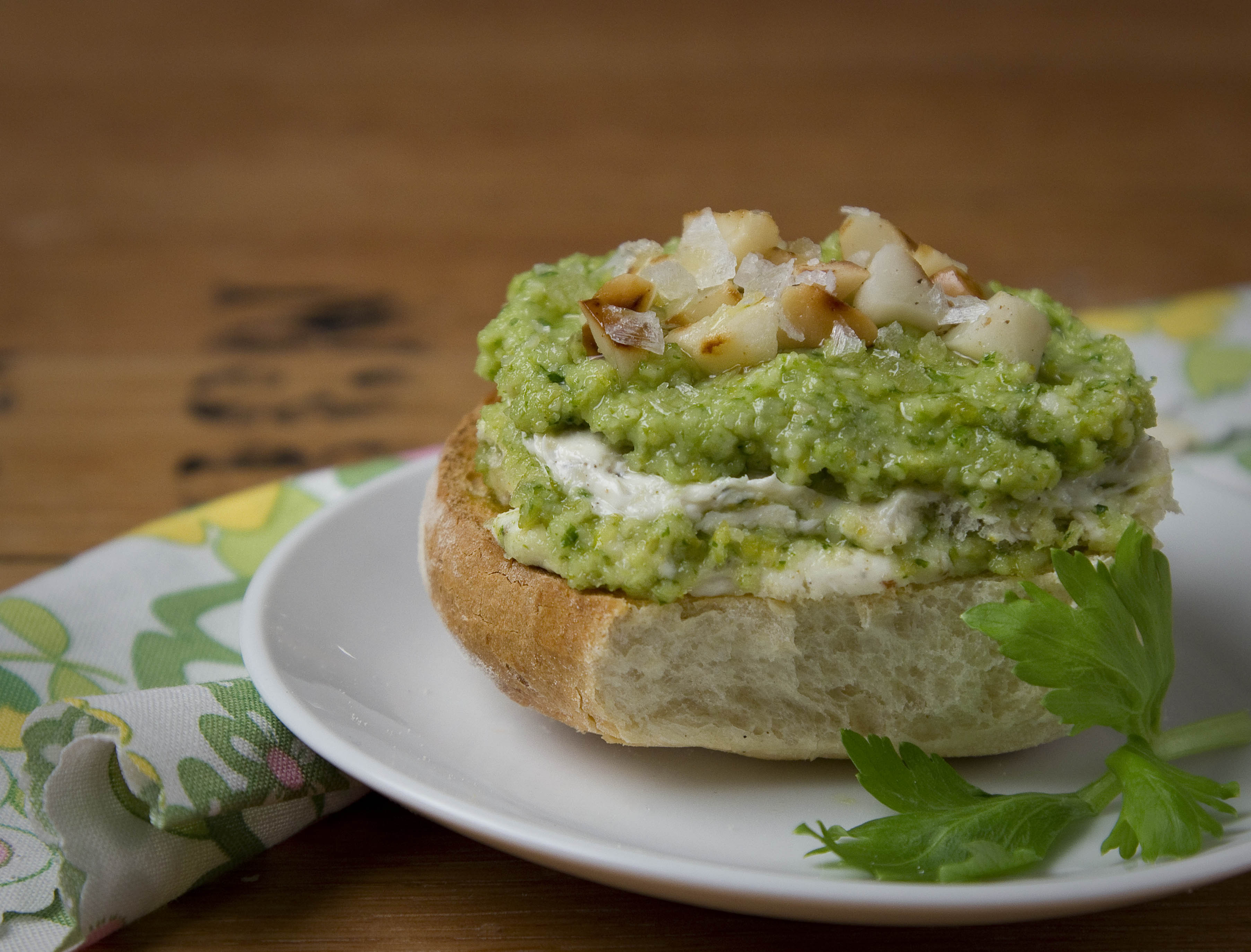 Roasted Macadamia-Celery Pesto and Peppered Cream Cheese Tartine