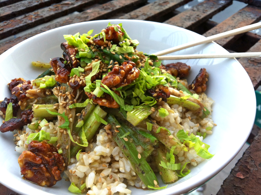 Celery & Scallions in Black Bean Sauce with Orange Honey Glazed Walnuts