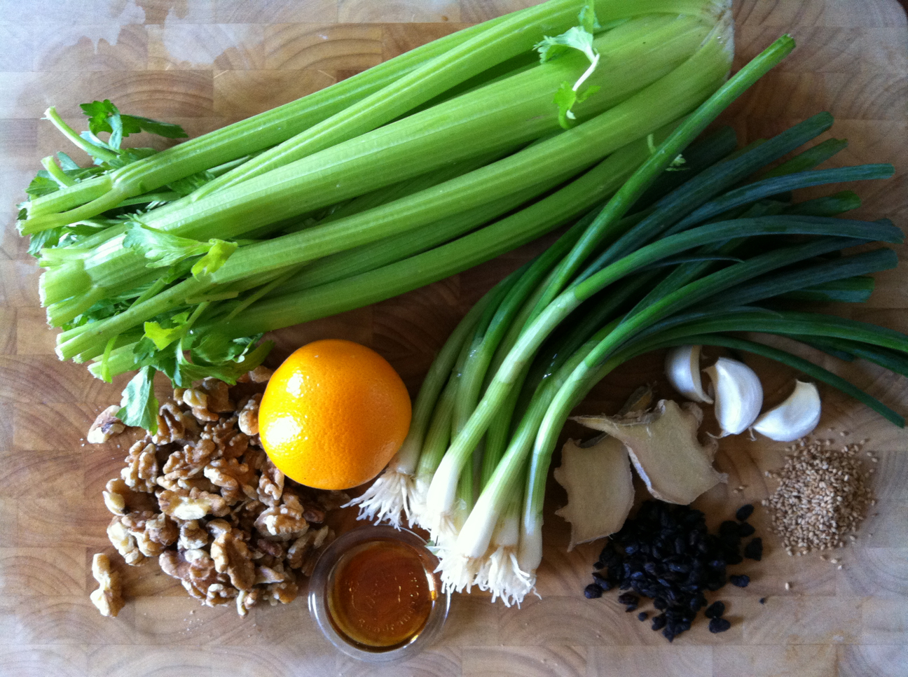 Celery & Scallions in Black Bean Sauce with Orange Honey Glazed Walnuts