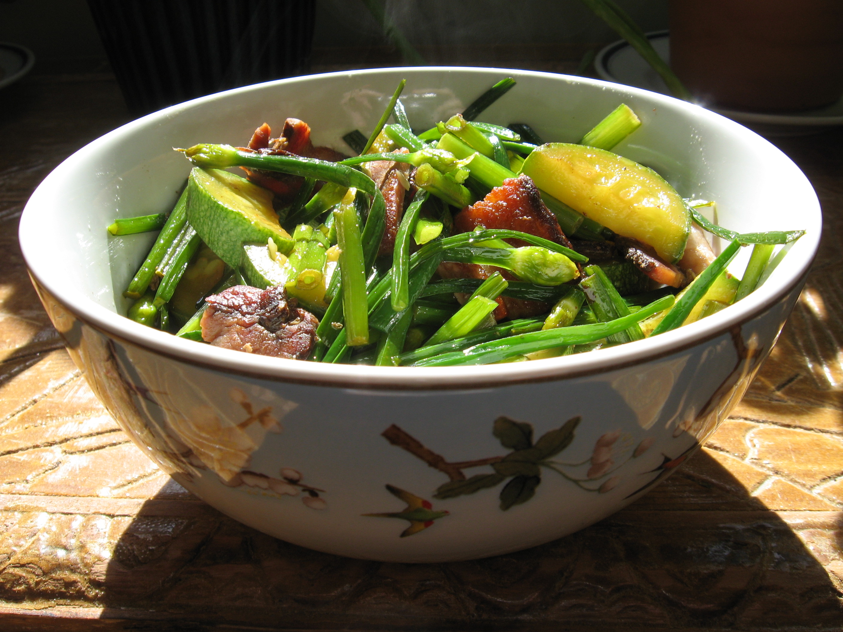 Smoky Garlic Chives, Squash and Bacon