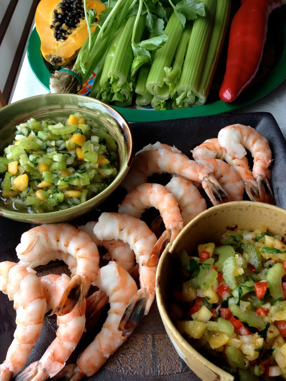 2 Celery Salsas: Mild Papaya & Spicy Pineapple with Steamed Shrimp or Tofu 