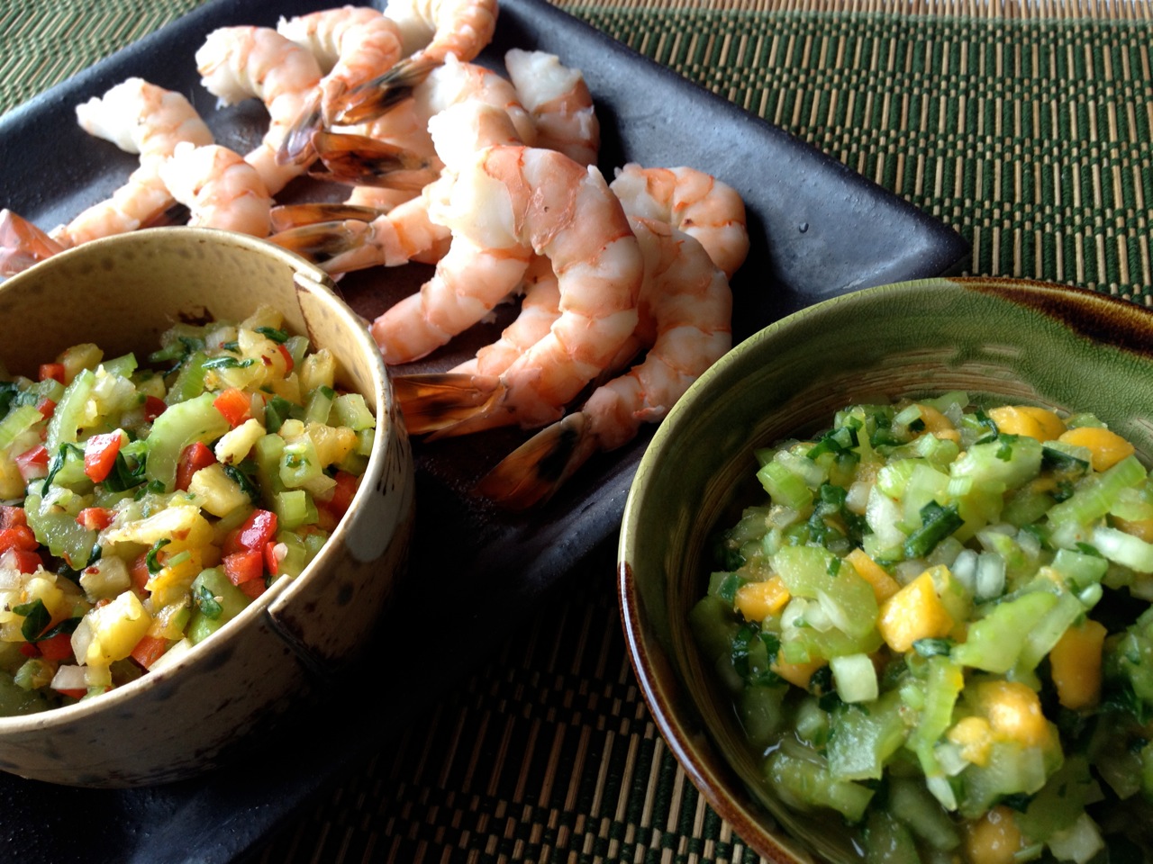 2 Celery Salsas: Mild Papaya & Spicy Pineapple with Steamed Shrimp or Tofu 