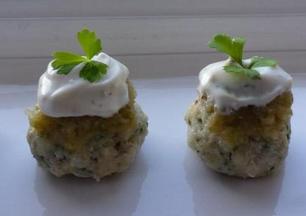 FISH CAKES TOPPED WITH CELERY RELISH & MAYONNAISE