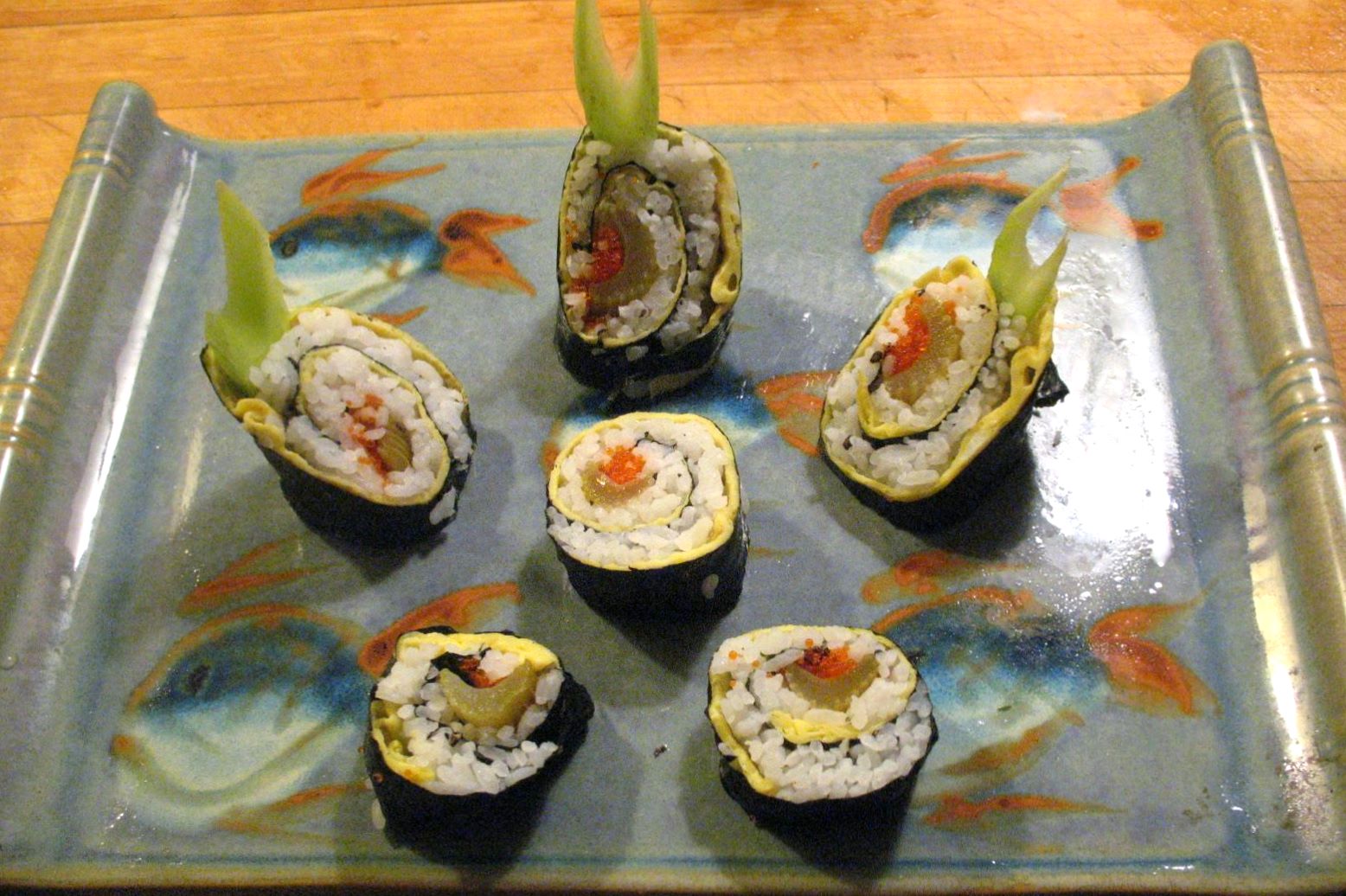  Celery Clan Samurai Rolls filled with Braised Celery, Tobiko and Omelet