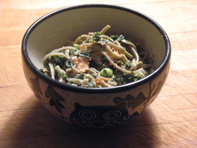 Green Tea Noodles with Tea Smoked Salmon, Edamame, Kale and Lemon Sesame Aioli