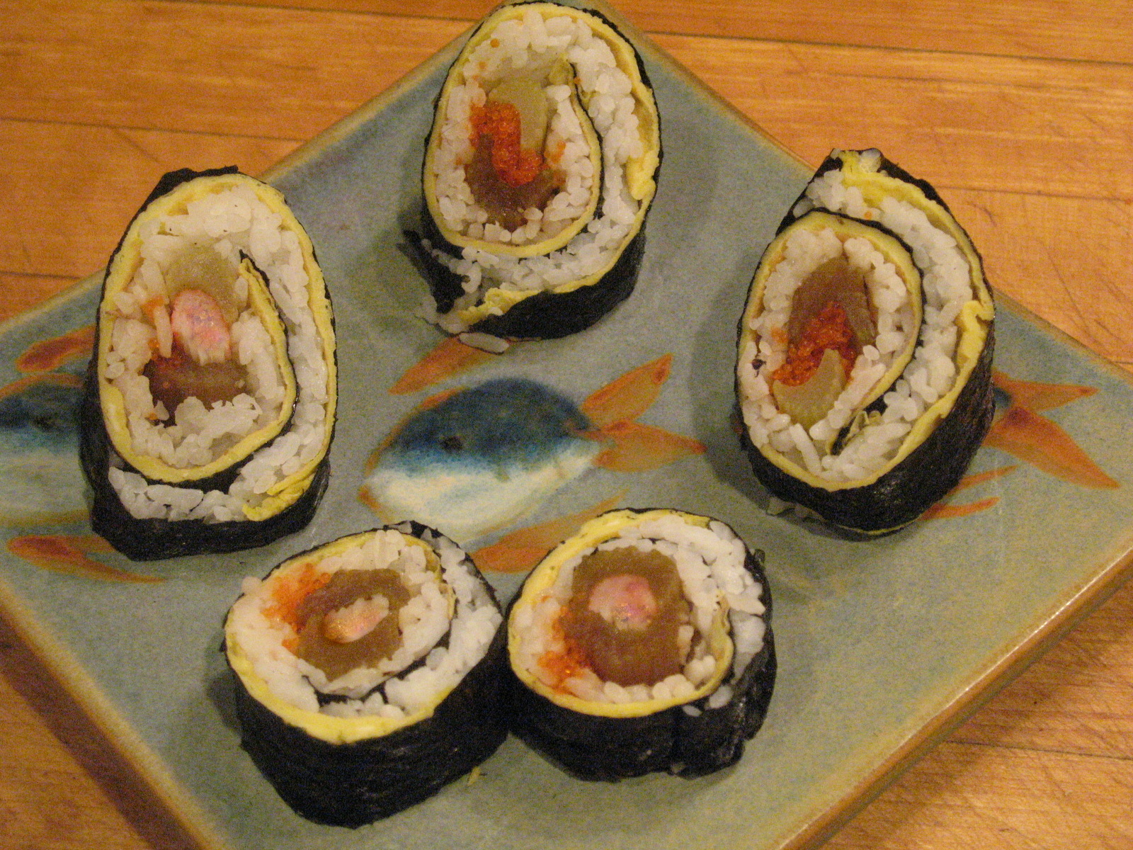  Celery Clan Samurai Rolls filled with Braised Celery, Tobiko and Omelet