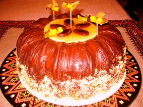 Maple "Honeybee" Cake with Bittersweet Chocolate, Almond Brittle Glaze