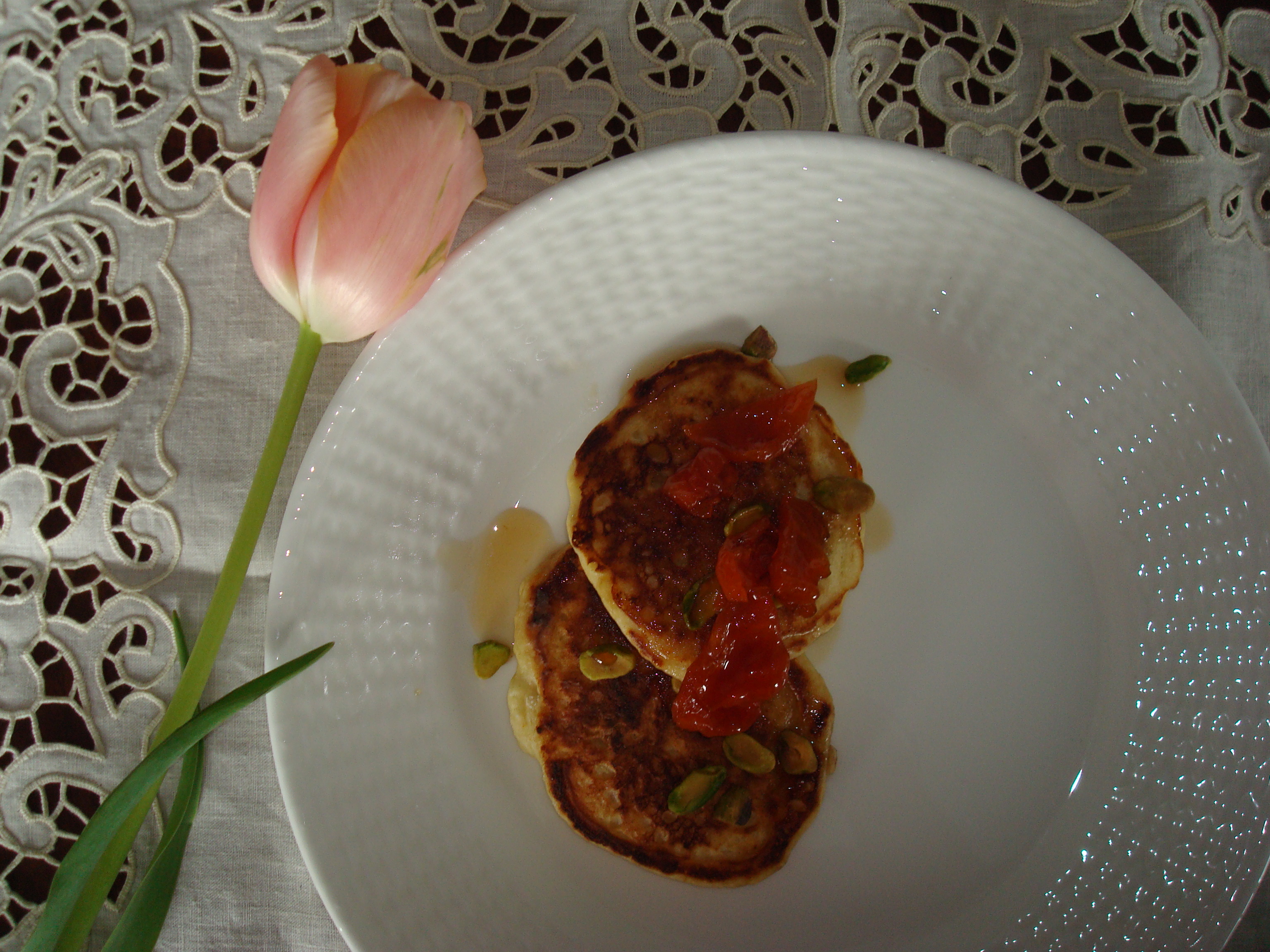 Buttermilk-Ricotta Pancakes, Tipsy Apricots and Pistachios