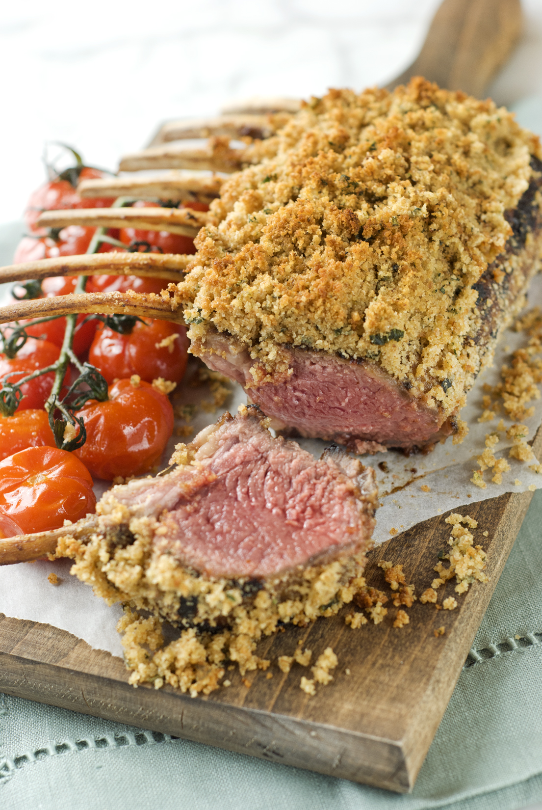 Maple and Dijon Marinated Herb-crusted rack of lamb with roasted ...