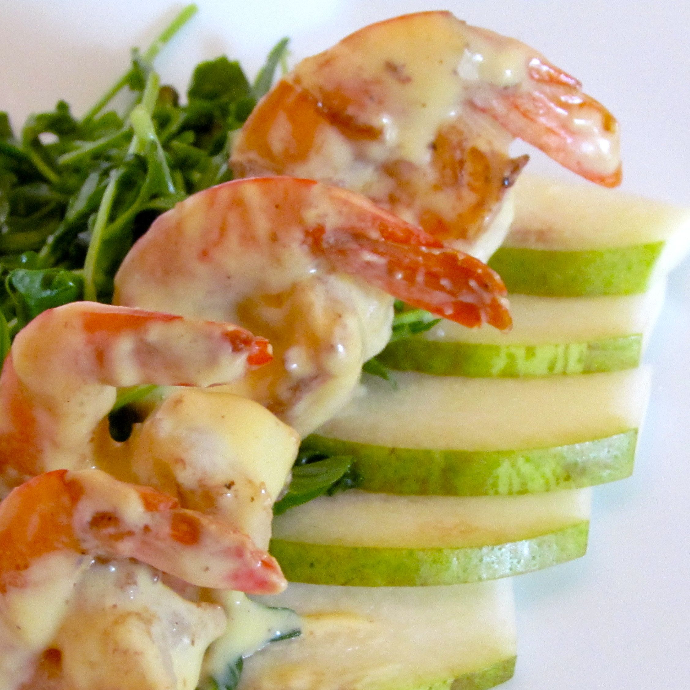 Pea Shoot Salad with Mustard Cream Shrimp and Honey Bear Pear