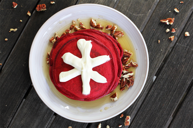 Red Velvet Pancakes with Cream Cheese Frosting