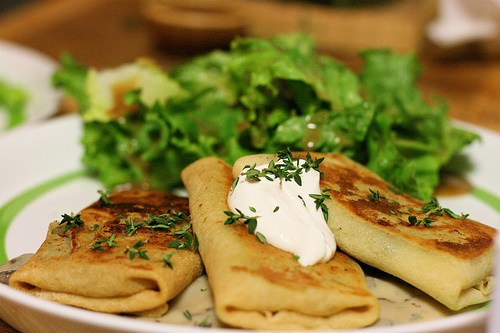 Sweet Peas Blintzes with Spanakopita Filling