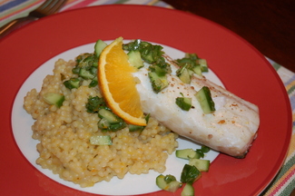Halibut with Herb-Citrus Salsa and Israeli Couscous "Risotto"