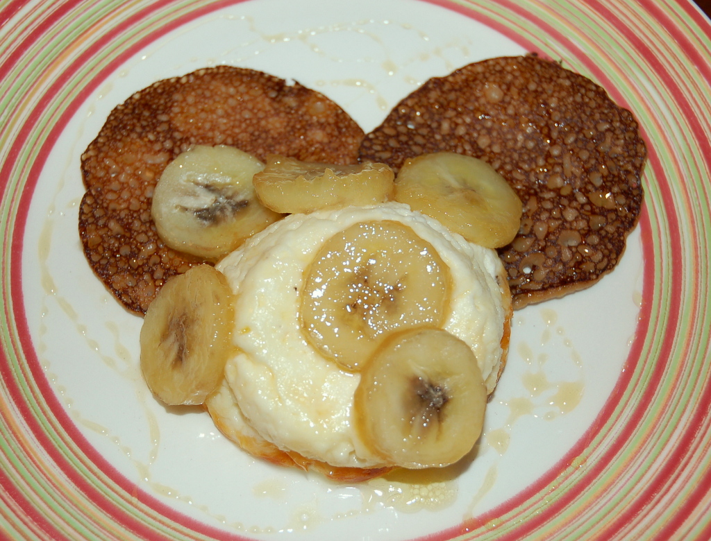 Chestnut Blinis with Ricotta Flan and Caramelized Bananas