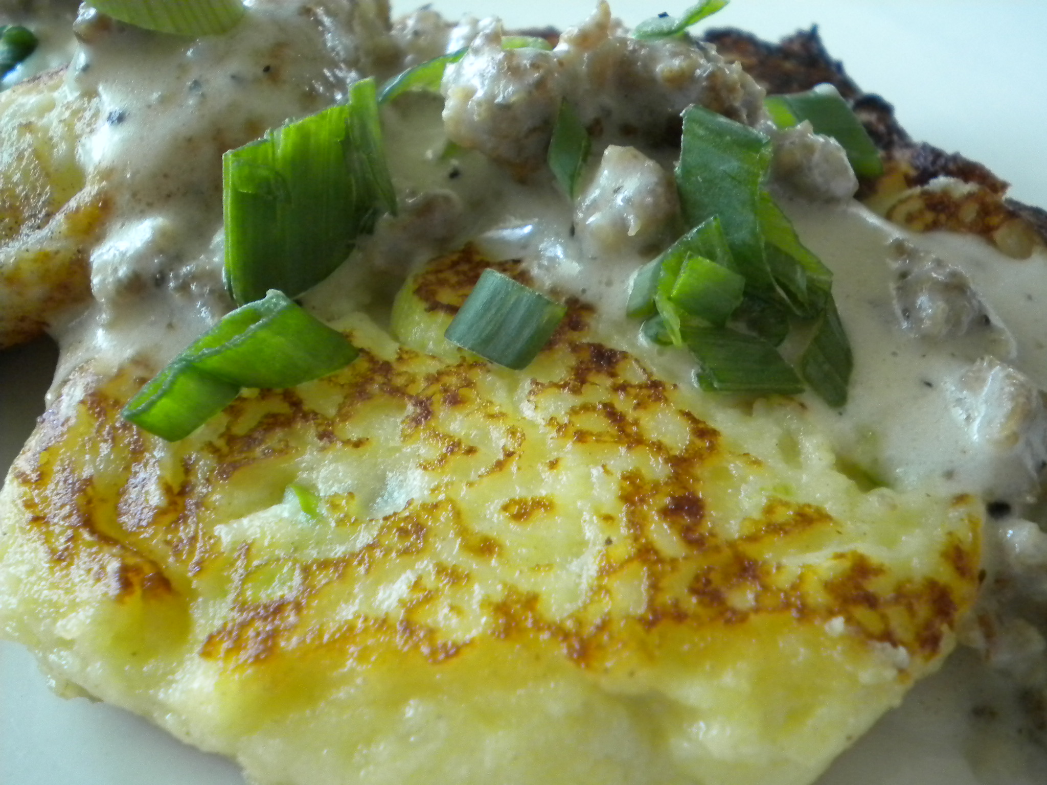 Scallion Potato Cakes with Sausage Gravy