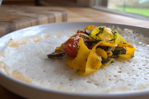 Savory rice crepes with sauteed vegetables