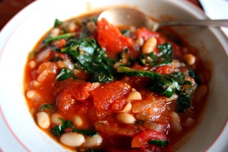 stewed white beans in tomatoes with spinach & basil