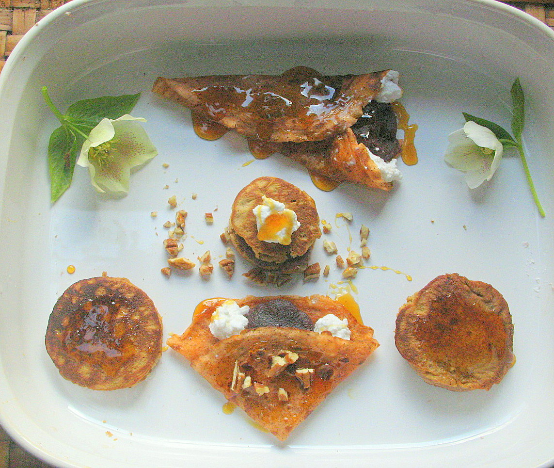 Cardamom Thai Tea Crepes filled with Azuki Cream, Coconut and Pecans