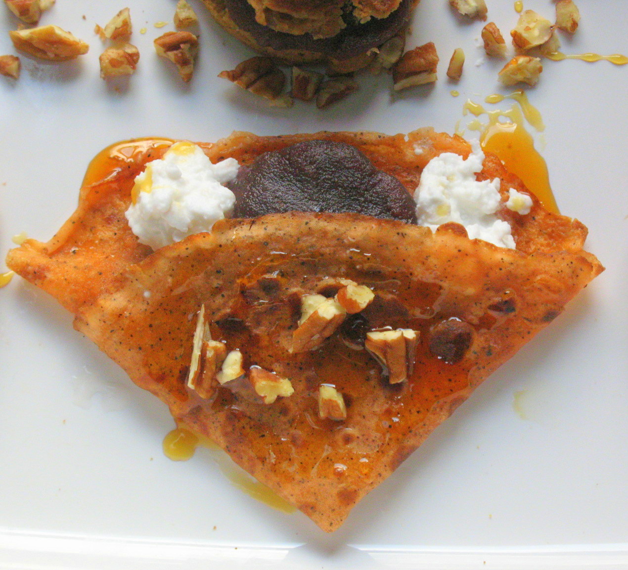 Cardamom Thai Tea Crepes filled with Azuki Cream, Coconut and Pecans