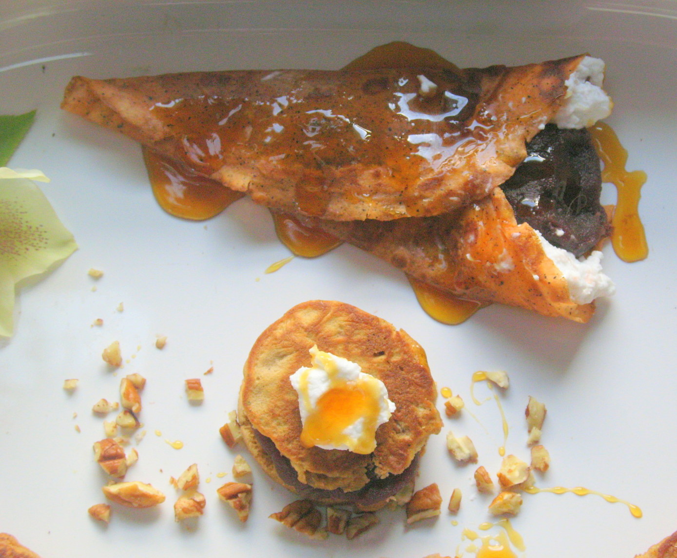 Cardamom Thai Tea Crepes filled with Azuki Cream, Coconut and Pecans