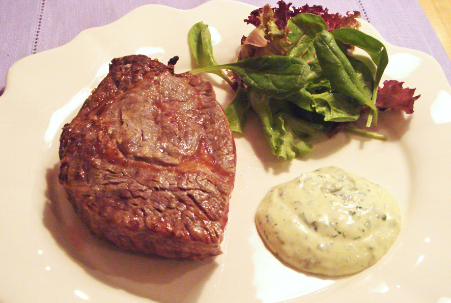 Marinated grilled Fillet Steaks with Garlic and Basil Mayonnaise