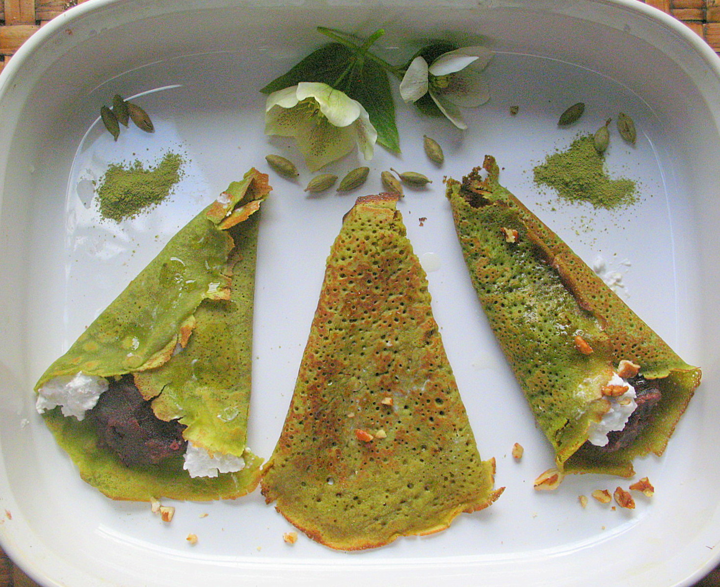   Green Tea Crepes filled with Azuki Cream and Pecans