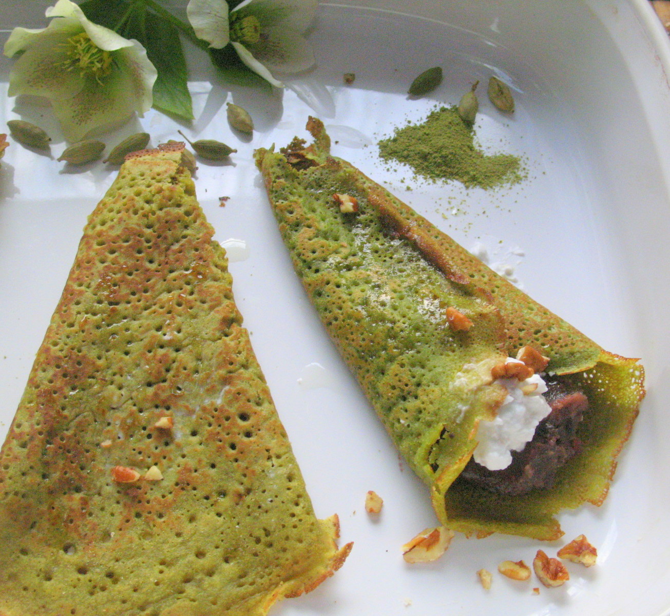   Green Tea Crepes filled with Azuki Cream and Pecans