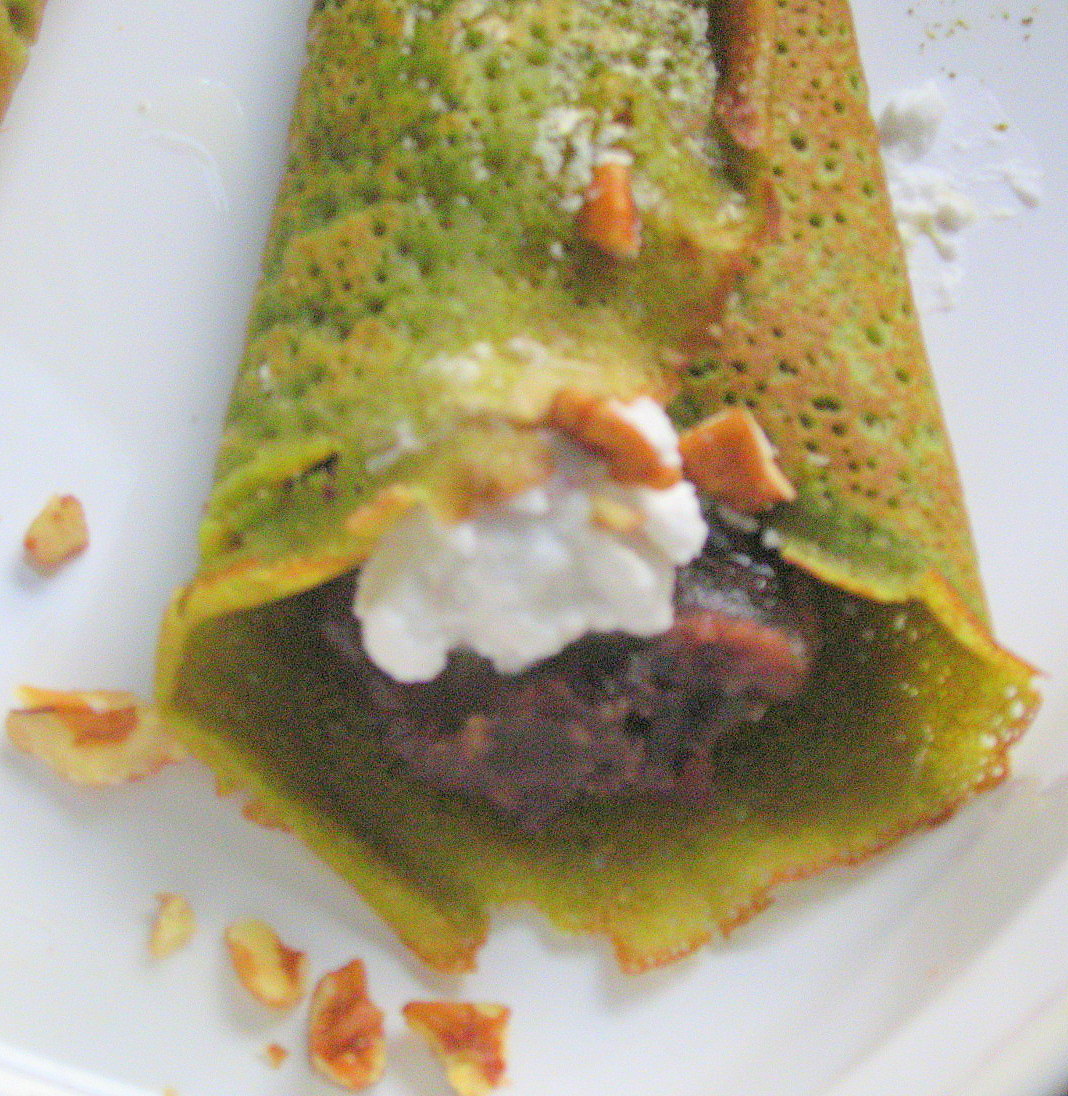   Green Tea Crepes filled with Azuki Cream and Pecans