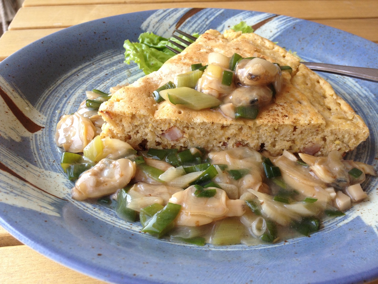 Bacon Corn Griddle Cakes with Clam Scallion Sauce