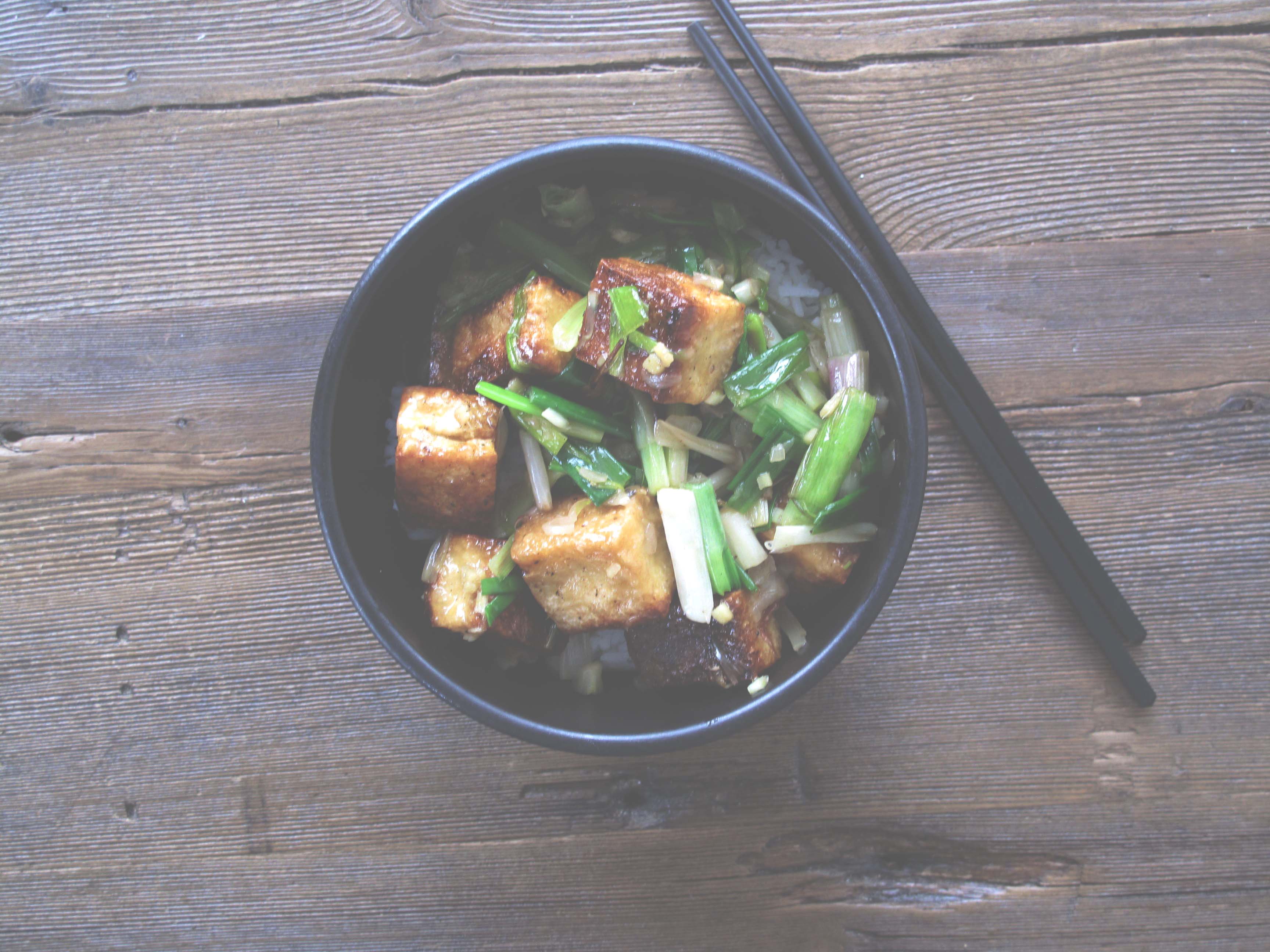 TOFU WITH GREEN GARLIC, GREEN ONIONS + WHITE SHOYU 