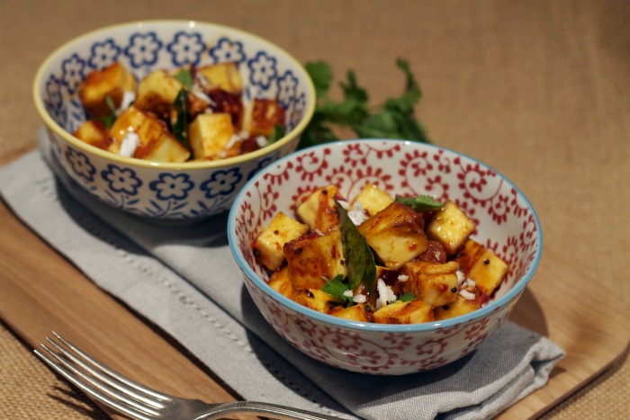 Fried Paneer cheese and Asparagus with tamarind, jaggery and coconut