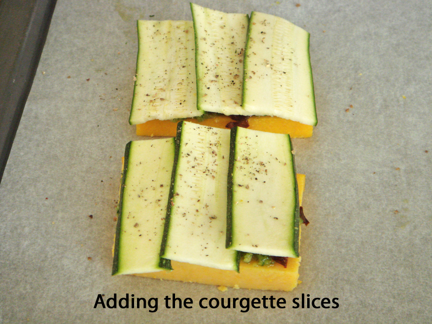 Grilled Polenta with Almond Pesto, Dried Tomatoes and Zucchini