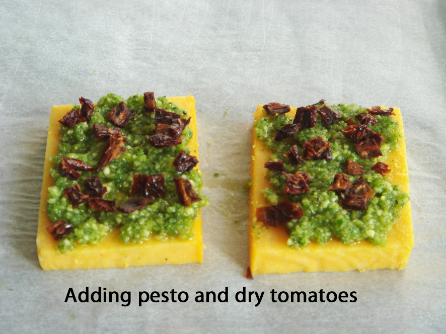 Grilled Polenta with Almond Pesto, Dried Tomatoes and Zucchini