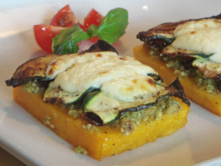Grilled Polenta with Almond Pesto, Dried Tomatoes and Zucchini