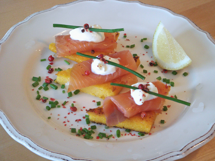 Smoked Salmon with Grilled Polenta and Pink Peppercorns