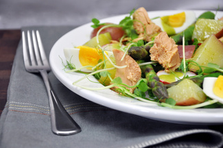 Pea Shoot, Asparagus, and New Potato Salad with Tuna