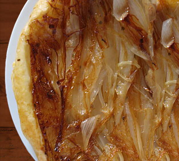 Tatin Tart with Caramelized Onions, Gorgonzola and Mustard