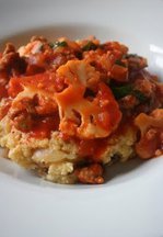 Caramelized Onion Polenta with Sausage and Cauliflower Ragu