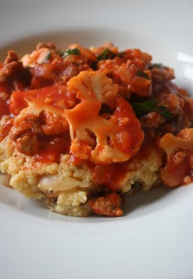 Caramelized Onion Polenta with Sausage and Cauliflower Ragu