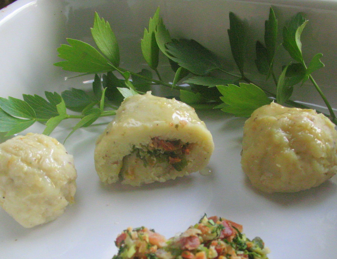 Celery Root Potato Dumplings Filled with Spring Onions and Bacon