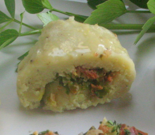 Celery Root Potato Dumplings Filled with Spring Onions and Bacon