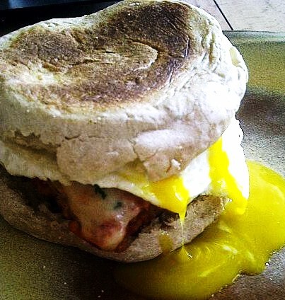 Veal Parmesan Morning Sandwich with a Fried Egg on Whole Wheat English Muffin